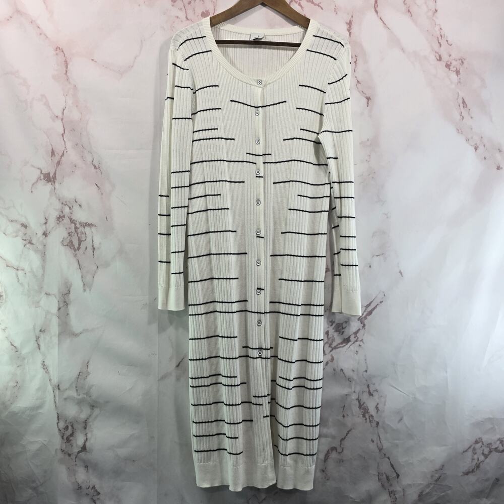 Cabi Cardigan Womens Medium White Striped Sweater Dashes Duster Long 5638